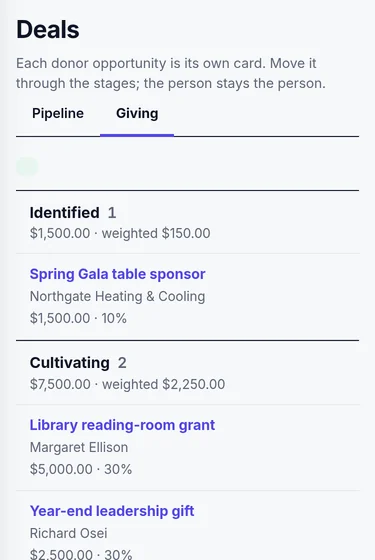 Kingdom52 CRM Giving pipeline on a phone, with demo opportunities stacked by stage, each showing its amount and likelihood